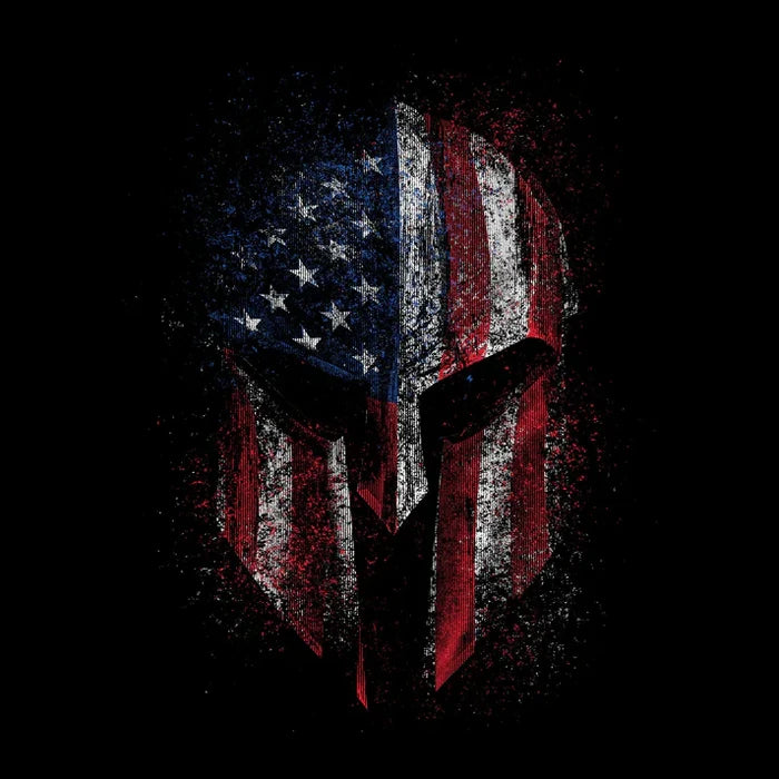 Close-up of the American Spartan 2.0 graphic print on the Grunt Style t-shirt in black