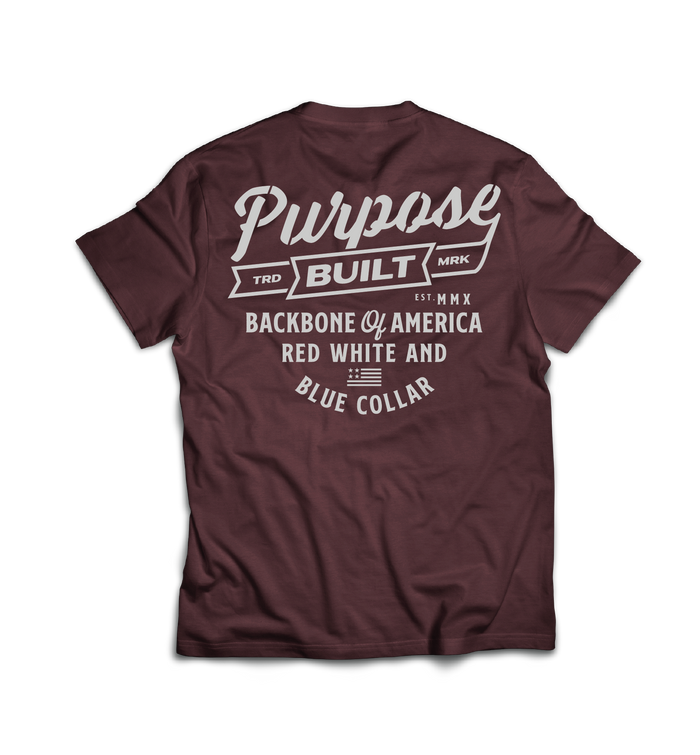 Purpose-Built Badge 2.0 short-sleeve graphic t-shirt in burgundy, available in big and tall sizes