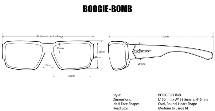Dimensions diagram for the Bomber Boogie Bomb green polarized sunglasses sizing