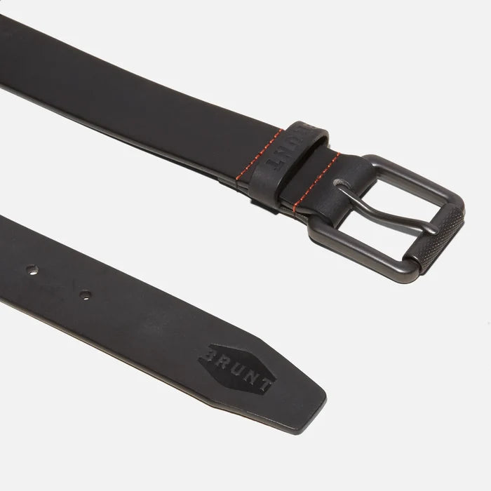 BRUNT black leather work belt, second product view showing an alternate angle of the strap and buckle
