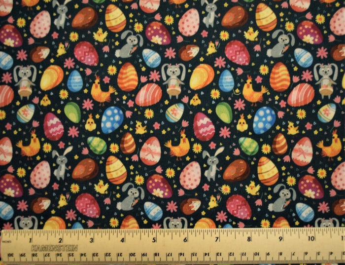 Easter Bunny and Eggs on Black Digital Print 100% Cotton Fabric