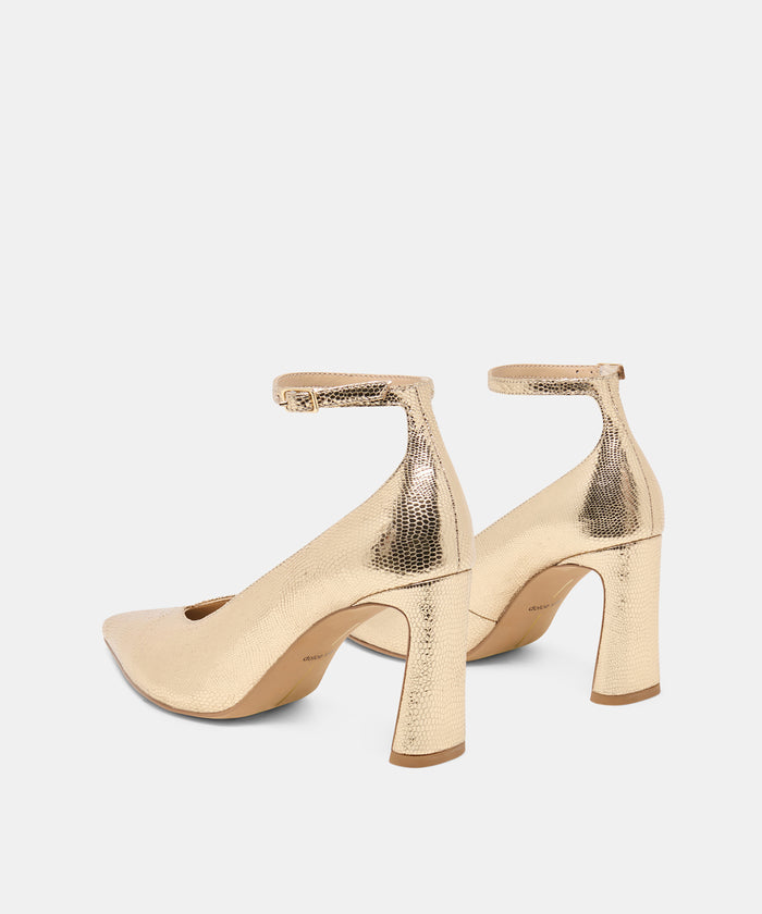 KARSIN HEELS GOLD EMBOSSED LEATHER