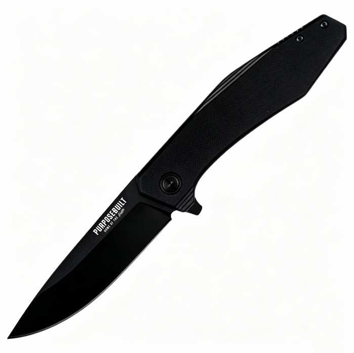 Crimson M6 folding pocket knife in black on black, additional product view of the blade