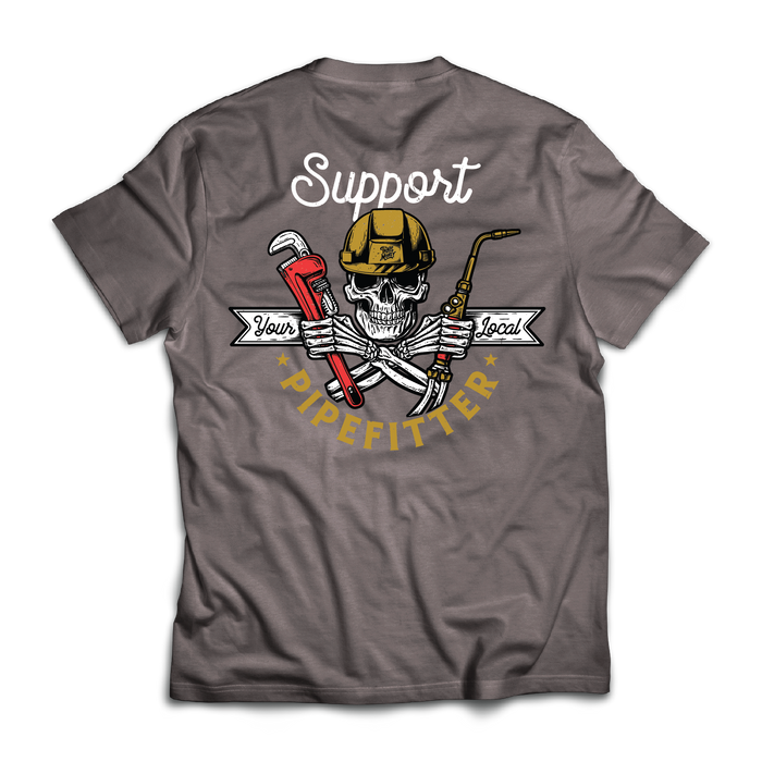 Trade Money Support Your Local Pipefitter graphic tee in grey, big and tall sizing
