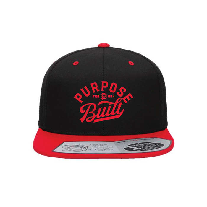 Purpose-Built script logo Gameday FlexFit snapback hat in black and red
