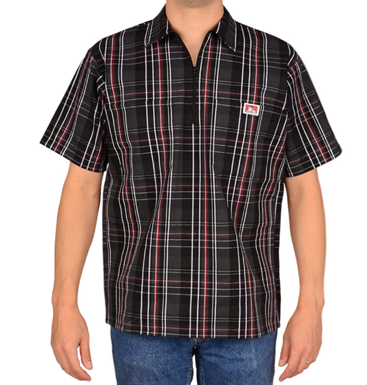 Ben Davis half zip short sleeve plaid shirt in black and red