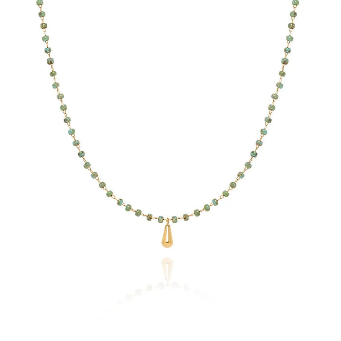 18ct Gold Plated Bar Necklace with Teardrop Glass Bead Pendant, Titanium Steel Chain Crushes.