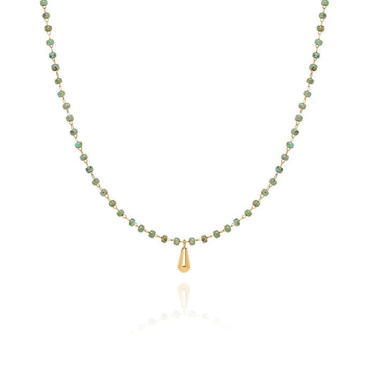 18ct Gold Plated Bar Necklace with Teardrop Glass Bead Pendant, Titanium Steel Chain Crushes.