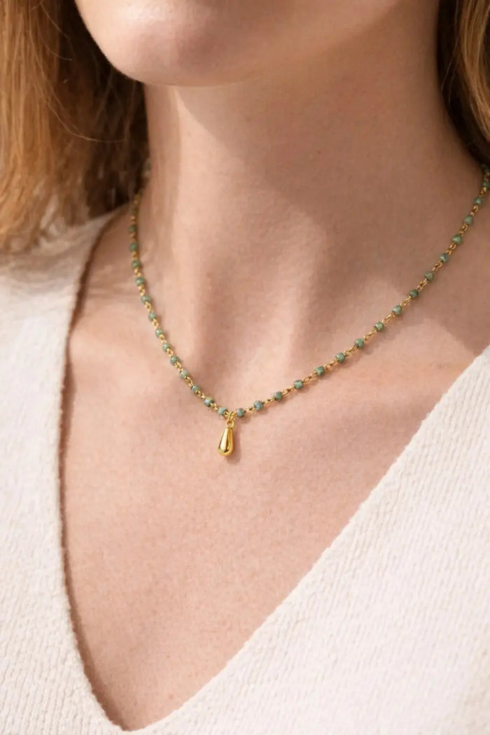 18ct Gold Plated Bar Necklace with Teardrop Glass Bead Pendant, Titanium Steel Chain model image