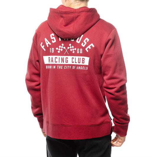 Fasthouse Acclaim hooded zip-up in cardinal shown on a model, back view