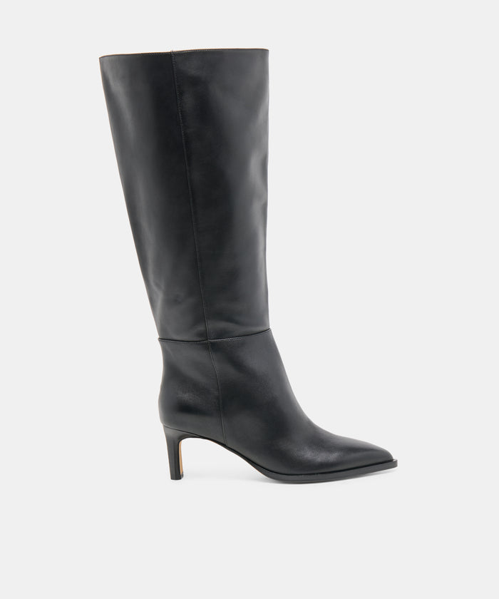 ALIMA Extra Wide Calf Black Leather Kitten-Heel Knee-High Boots | Dolce Vita