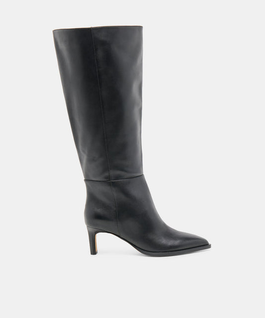 ALIMA Extra Wide Calf Black Leather Kitten-Heel Knee-High Boots | Dolce Vita