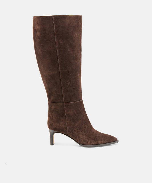 ALIMA Extra Wide Calf Dk Brown Suede Kitten-Heel Knee-High Boots | Dolce Vita