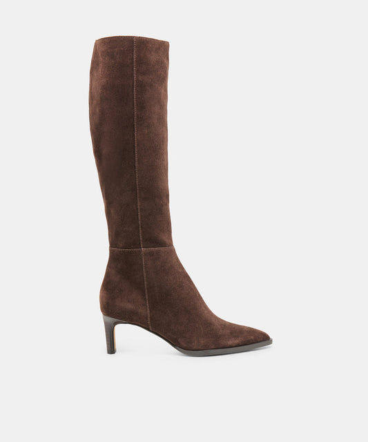 ALIMA Narrow Calf Dk Brown Suede Kitten-Heel Knee-High Boots | Dolce Vita