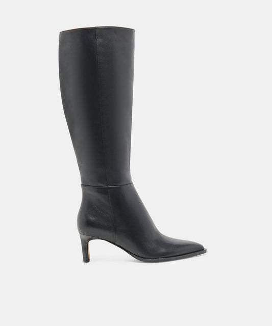 ALIMA Wide Calf Black Leather Kitten-Heel Knee-High Boots | Dolce Vita