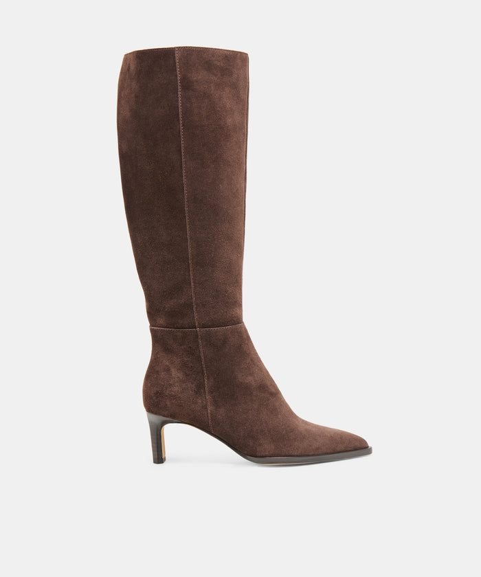 ALIMA Wide Calf Dk Brown Suede Kitten-Heel Knee-High Boots | Dolce Vita