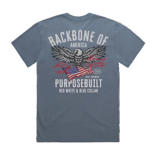 Purpose-Built American Eagle heavyweight graphic t-shirt in faded indigo, front graphic reading Backbone of America