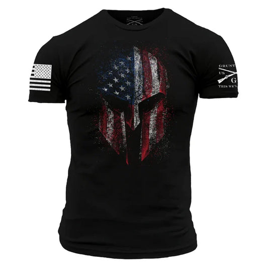 Grunt Style American Spartan 2.0 short-sleeve graphic t-shirt in black, front view, available in big and tall sizes