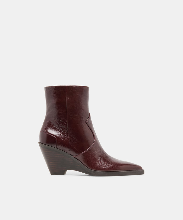 ASHTIN Brown Berry Leather Pointed-Toe Wedged Booties | Dolce Vita