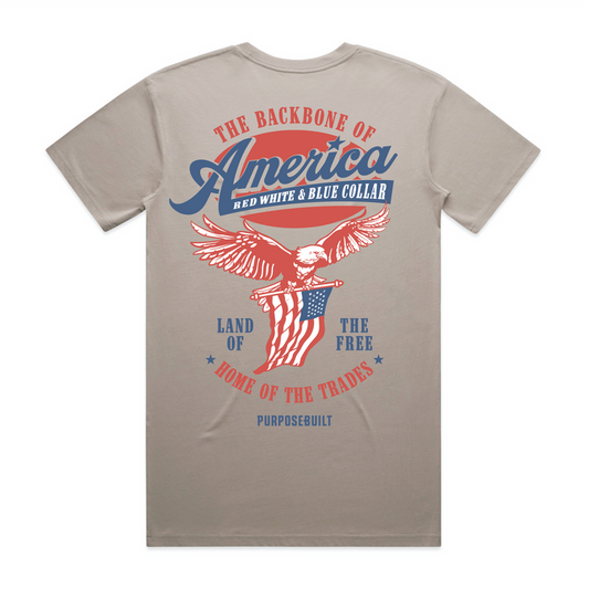 Purpose-Built Backbone of Blue Collar short-sleeve graphic t-shirt in military grey, available in big and tall sizes