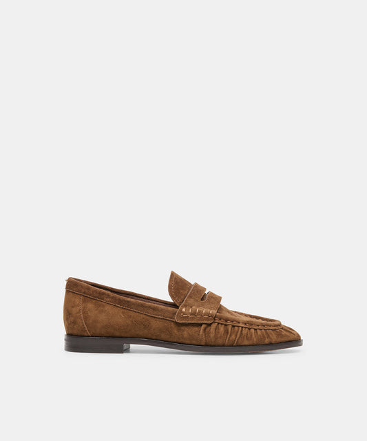 BAXEN Chestnut Suede Pointed-Toe Penny Loafers | Dolce Vita