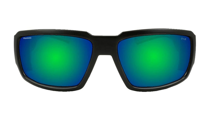 Front view of the Bomber Boogie Bomb Z87+ green polarized safety sunglasses