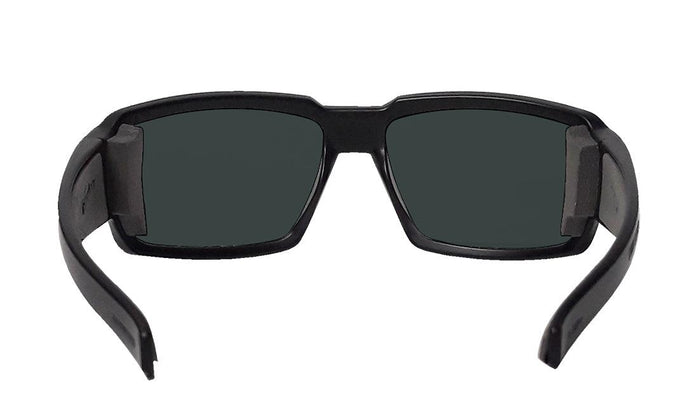 Back view of the green polarized Bomber Boogie Bomb safety sunglasses and temples