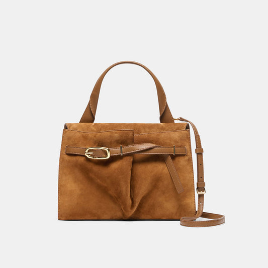 BORGO Dark Tan Suede Adjustable Crossbody Handbag | Dolce Vita