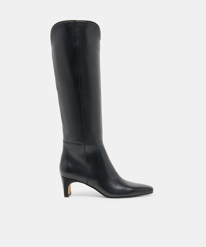 BRION Black Leather Block-Heel Almond-Toe Knee-High Boots | Dolce Vita
