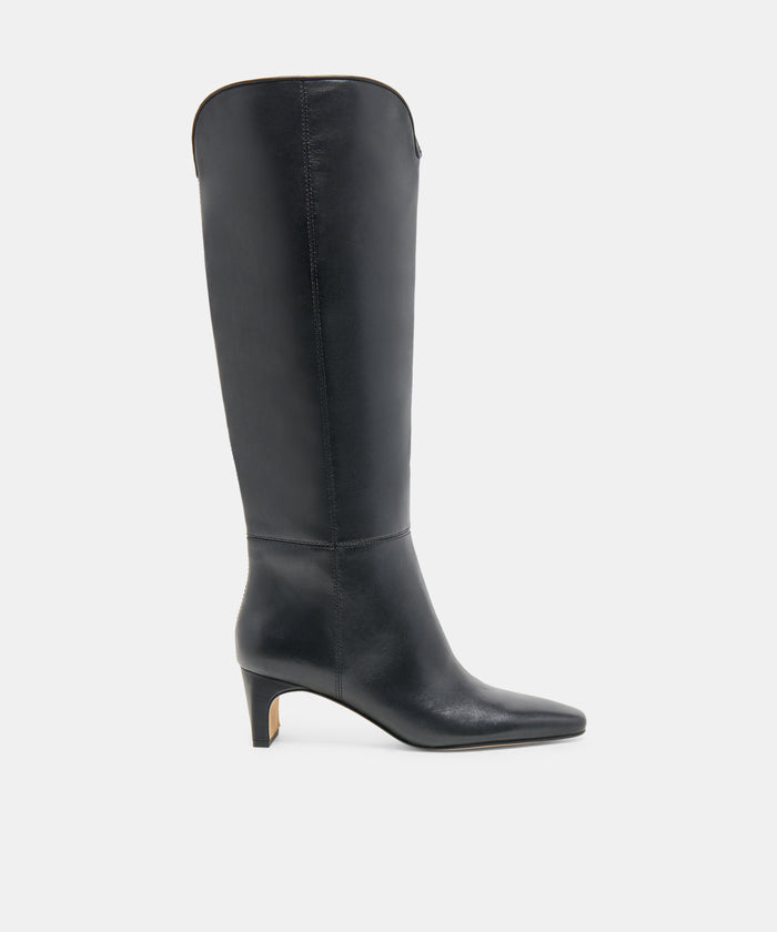 BRION Wide Calf Black Leather Block-Heel Knee-High Boots | Dolce Vita