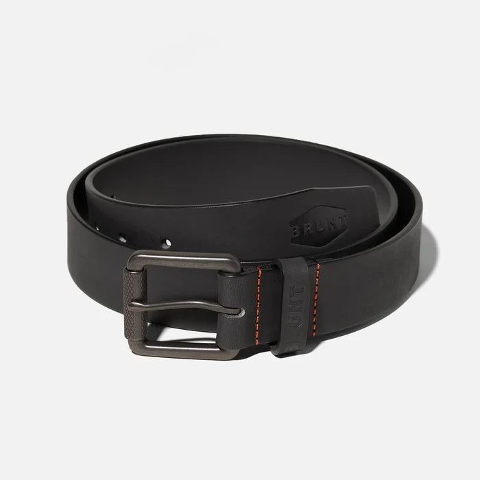 BRUNT leather work belt in black, product view showing the buckle and the full length of the strap