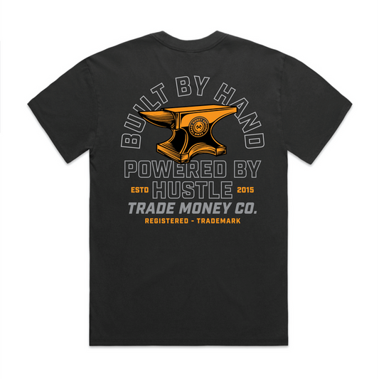 Trade Money Built by Hand heavy short-sleeve graphic t-shirt in faded black, available in big and tall sizes
