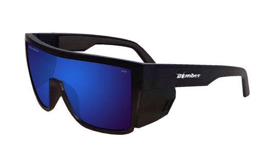 Side view of the Bomber Buzz Bomb Z87+ polarized safety sunglasses with blue mirror lens