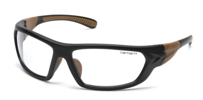 Pyramex Carbondale half frame safety glasses in black and tan with clear lens