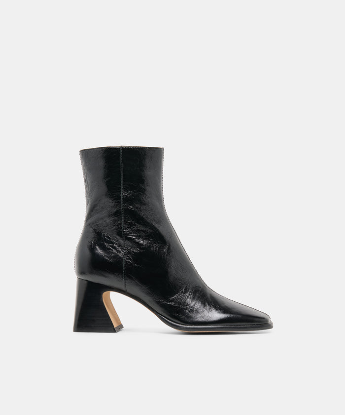 CECELA Midnight Crinkle Patent Block Heeled Ankle Booties | Dolce Vita