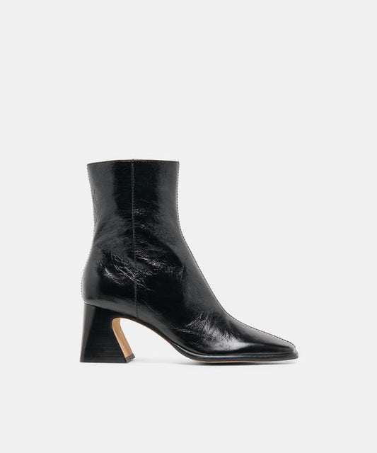 CECELA Midnight Crinkle Patent Block Heeled Ankle Booties | Dolce Vita