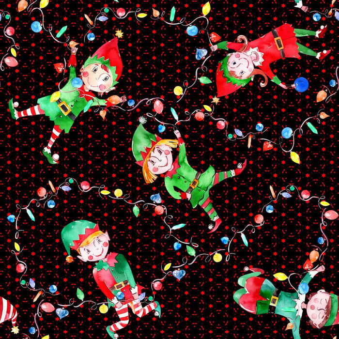 Christmas Dancing Elves Stringing Lights on Black 100% Cotton Fabric