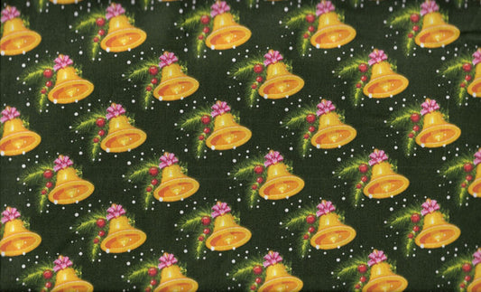 Christmas Gold Bells on Green 100% Cotton Fabric