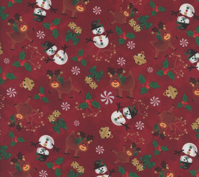 Christmas Snowmen Reindeer Bells Candy on Red 100% Cotton Price per yard