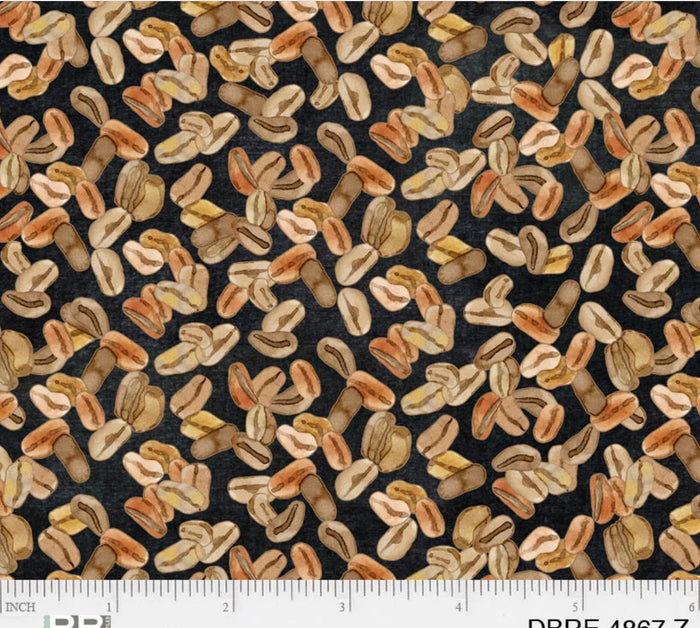 Coffee Beans Deja Brew on Brown by 100% Cotton Novelty Price per Yard