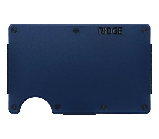 Dark Harbor aluminum everyday carry wallet by Ridge with cash strap, front render view