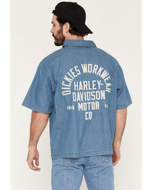 Dickies x Harley-Davidson boxy chambray work shirt in blue chambray, available in big and tall sizes