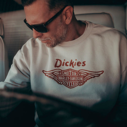 Dickies x Harley-Davidson boxy fit crew sweatshirt in bone, shown worn in a lifestyle setting