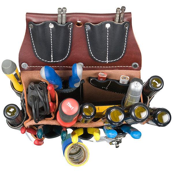 Occidental Leather electrician's tool case loaded with tools, top view