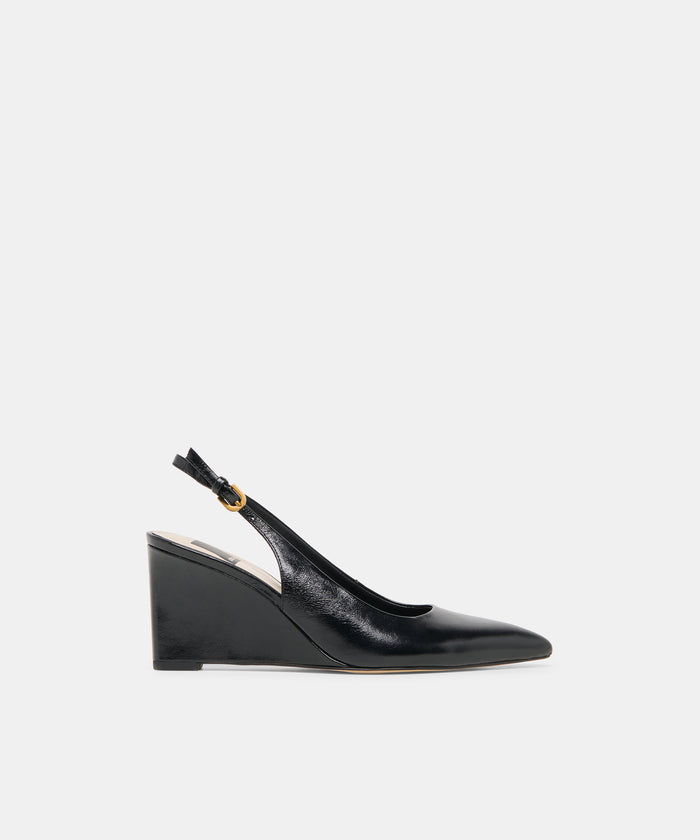 EVELAN Black Leather Pointed-Toe Slingback Wedges | Dolce Vita