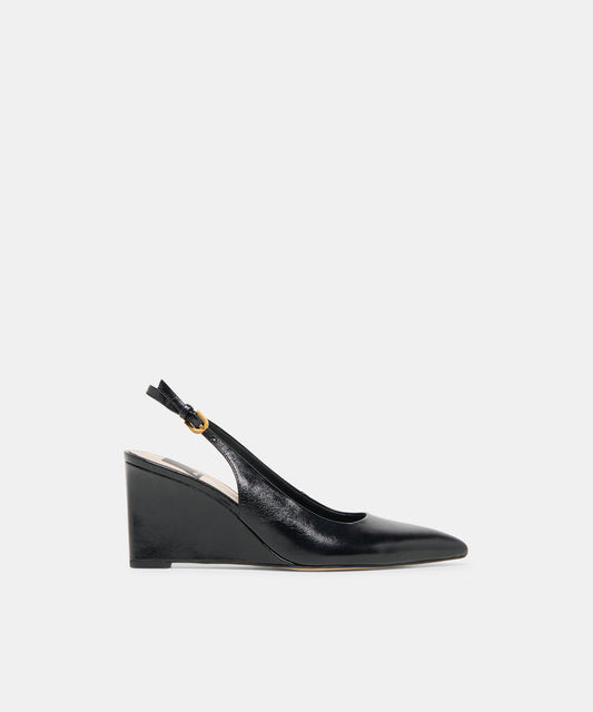 EVELAN Black Leather Pointed-Toe Slingback Wedges | Dolce Vita