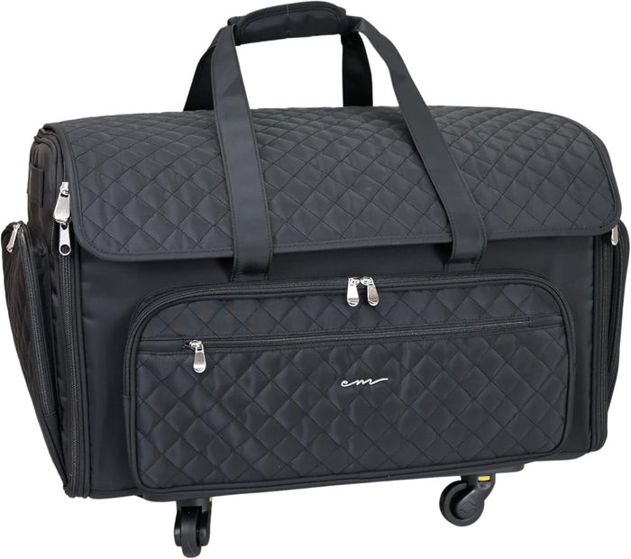 Everything Mary XXL 4 Wheel Collapsible Rolling Sewing Machine Storage Case, Black Quilted