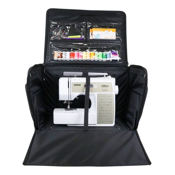 Everything Mary XXL 4 Wheel Collapsible Rolling Sewing Machine Storage Case, Black Quilted