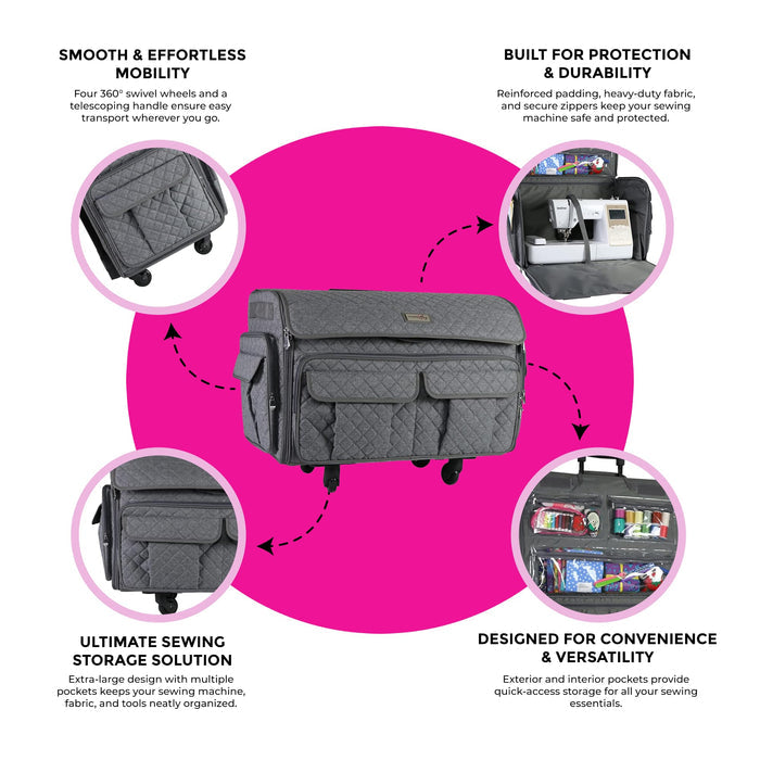 Everything Mary XXL 4 Wheel Collapsible Rolling Sewing Machine Storage Case, Heather Grey