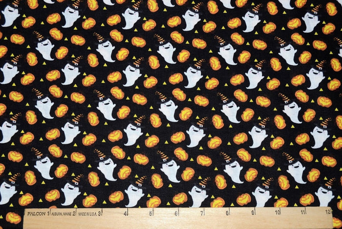 Halloween Ghosts and Pumpkins on Black 100% Cotton